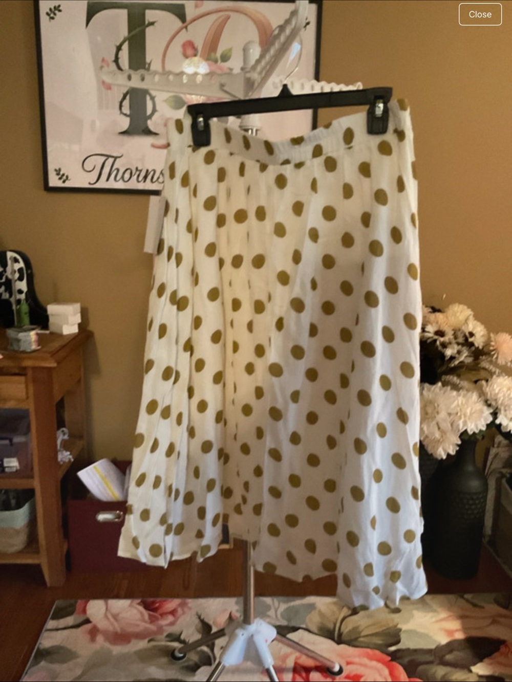 White A-Line Midi Skirt with Olive Polka Dots